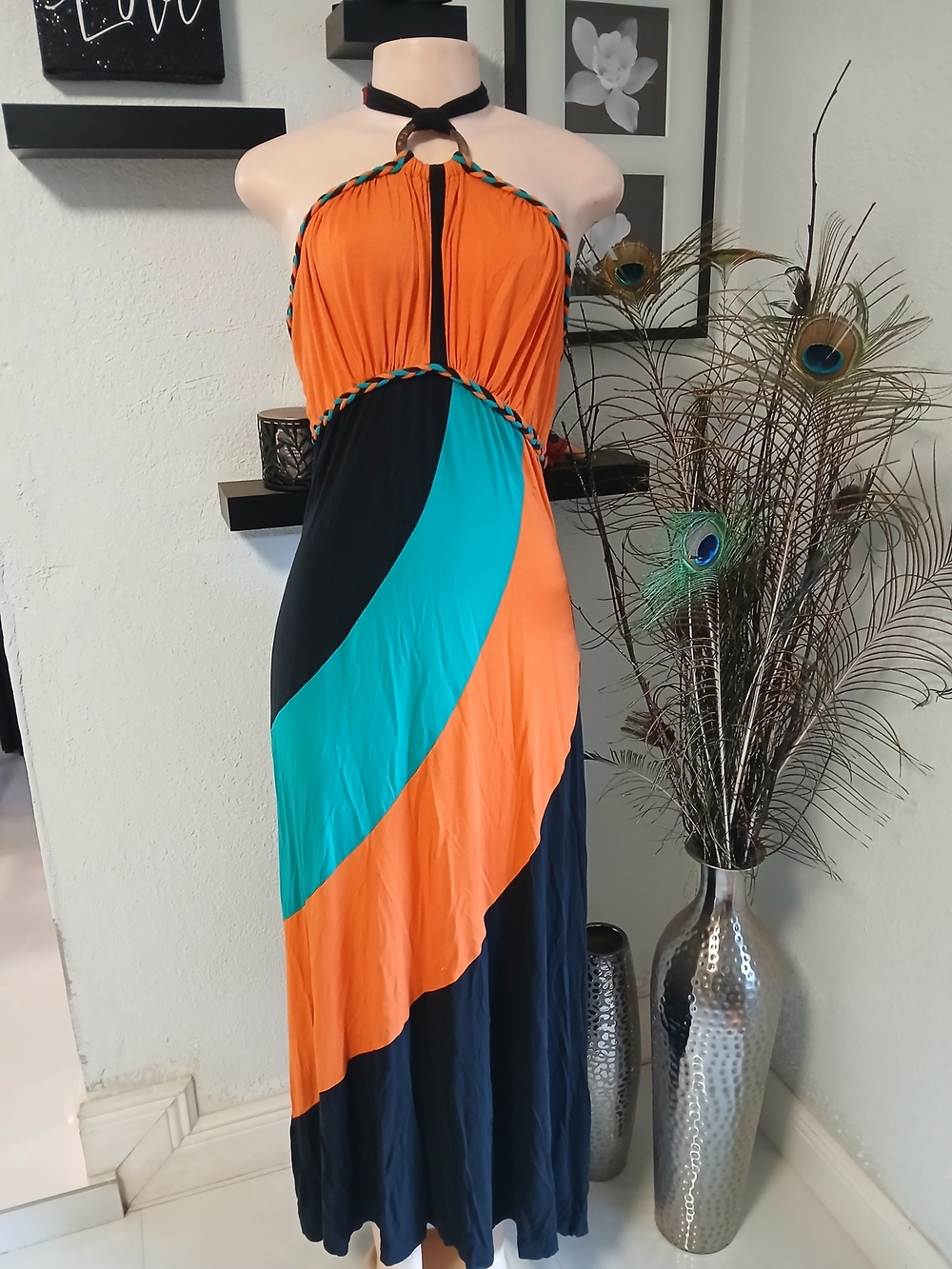 cameo Orange, Teal & Black Colorblock Halter Maxi Dress